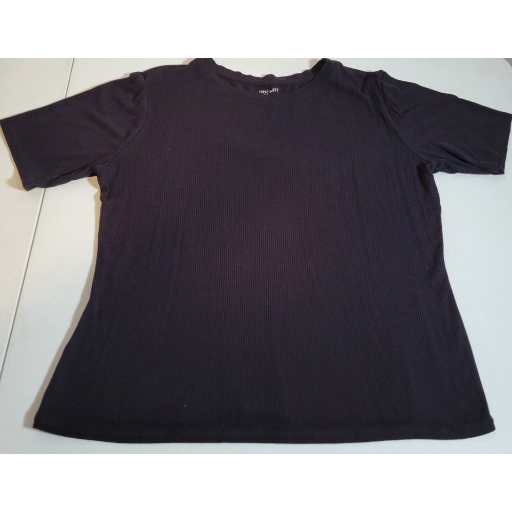 Nine‎ West Shirt Womens Size 2XL Petite Short Sleeve Ribbed Black Soft Spun 0169